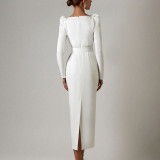 Women's Cross Low-cut Women's Long Sleeve Slim High Waist Slit Dress with Belt