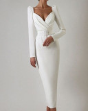 Women's Cross Low-cut Women's Long Sleeve Slim High Waist Slit Dress with Belt