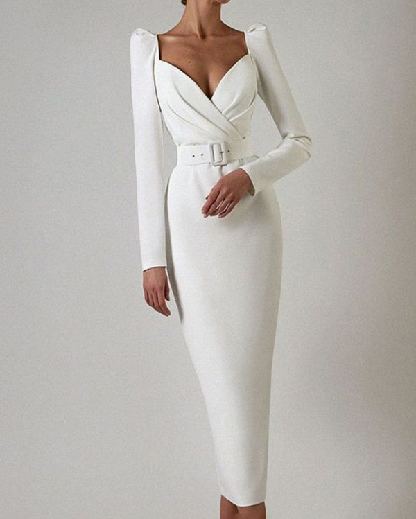 Women's Cross Low-cut Women's Long Sleeve Slim High Waist Slit Dress with Belt