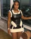 Women's sexy tight zipper fur edge patchwork PU top skirt suit