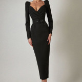 Women's Cross Low-cut Women's Long Sleeve Slim High Waist Slit Dress with Belt