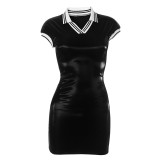 Women sexy black v neck bodycon shirt dress