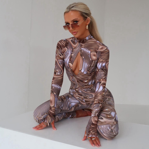 Women's chest hollow out long sleeve backless jumpsuit
