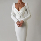Women's Cross Low-cut Women's Long Sleeve Slim High Waist Slit Dress with Belt