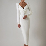 Women's Cross Low-cut Women's Long Sleeve Slim High Waist Slit Dress with Belt