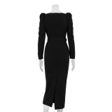 Women's Cross Low-cut Women's Long Sleeve Slim High Waist Slit Dress with Belt