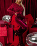 Women's backless slim fit lace stitching long sleeve jumpsuit