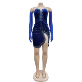 Women's solid color velvet sexy pleated short dress
