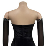 Women's solid color velvet sexy pleated short dress