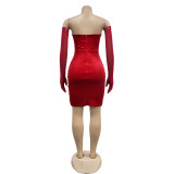 Women's solid color velvet sexy pleated short dress