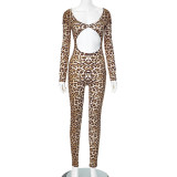 Women's Sexy Leopard Print Long Sleeve High Waist Jumpsuit