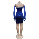 Women's solid color velvet sexy pleated short dress