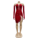 Women's solid color velvet sexy pleated short dress