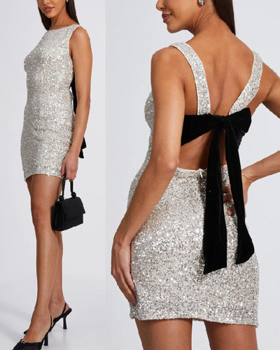 Women Sleeveless Fitted Backless Bow Sequin Mini Dress