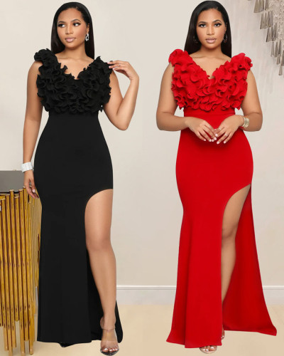 Women's v-neck sleeveless long slit evening dress
