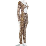 Women's Sexy Leopard Print Long Sleeve High Waist Jumpsuit