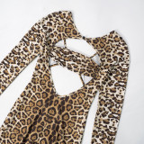 Women's Sexy Leopard Print Long Sleeve High Waist Jumpsuit