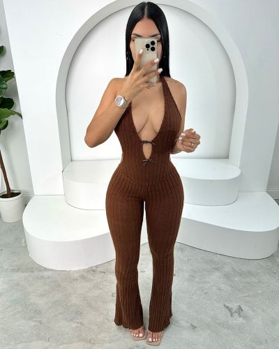 Women's halter neck slim fit backless sexy flared pants jumpsuit