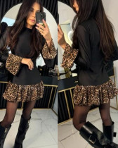 Leopard print paneled trumpet sleeve mini dress