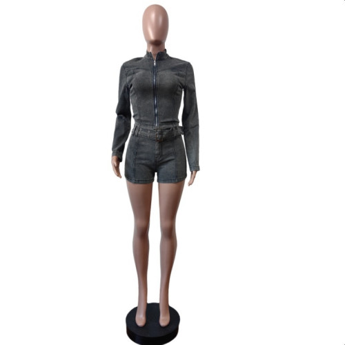 Denim shorts set long sleeve stretch shorts belt set