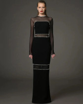 Women's black long sleeves rhinestone long evening dress