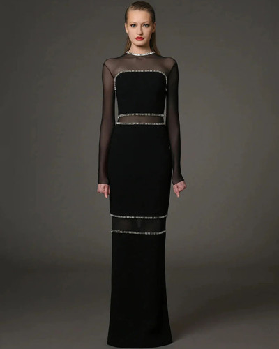Women's black long sleeves rhinestone long evening dress