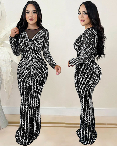 Women's black long sleeves rhinestone long evening dress