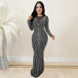 Women's black long sleeves rhinestone long evening dress