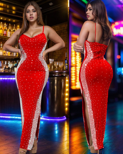 Women's rhinestone v-neck sling midi evening dress