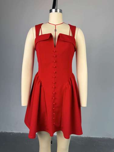 Women sweet square collar button-down high waist red dress
