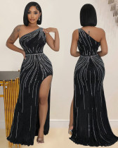 Women's black one shoulder sleeveless rhinestone long evening dress