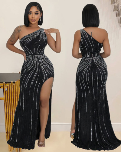 Women's black one shoulder sleeveless rhinestone long evening dress