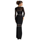 Women's black long sleeves rhinestone long evening dress