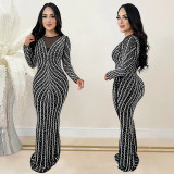 Women's black long sleeves rhinestone long evening dress