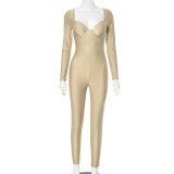 Spring 2025 Women Solid Color Push Up Butt Lifting Long Sleeved Tight Jumpsuit