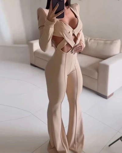 Spring 2025 Women Solid Color Hollow Out Sexy Long Sleeved Jumpsuit