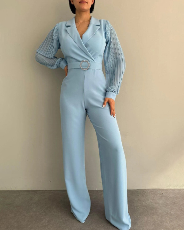 Spring 2025 Women Solid Color V-Neck Long Sleeved Jumpsuit + Belt