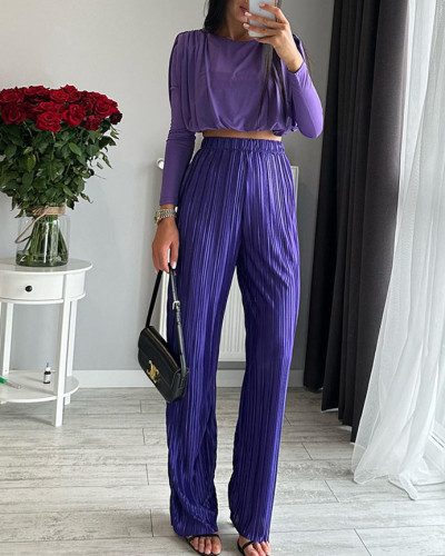 Spring 2025 Women Solid Color Matching Crop Top + Pleated Pants Set