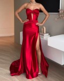 Spring 2025 Women Red Formal Dress Sweetheart Side Slit Long Evening Dress