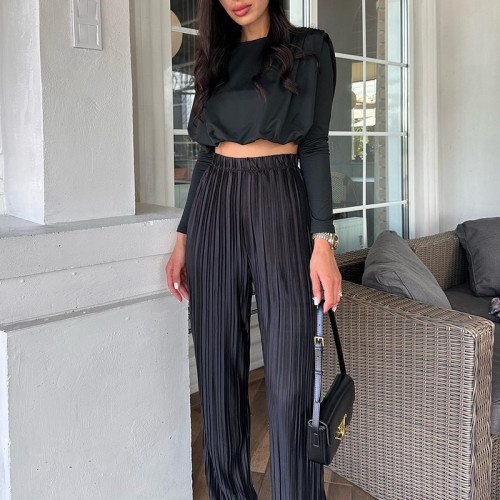 Spring 2025 Women Solid Color Matching Crop Top + Pleated Pants Set