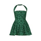 Spring 2025 Solid Color A-Line Floral Short Halter Dress
