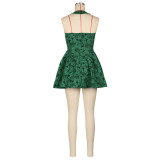 Spring 2025 Solid Color A-Line Floral Short Halter Dress