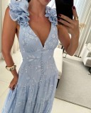 2025 Spring Print Blue Sleeveless Long Maxi Dress