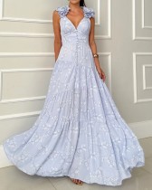 2025 Spring Print Blue Sleeveless Long Maxi Dress
