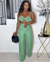 Spring 2025 Solid Color Matching Floral Bra + Long Pants Two Piece Set Women Clothing