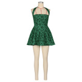 Spring 2025 Solid Color A-Line Floral Short Halter Dress