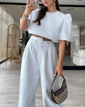 2025 Spring Grey Matching Crop Top + High Waist PantsTwo Piece Set Clothing
