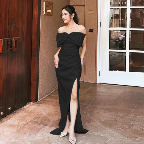 2025 Lady Solid Color Strapless Big Bow Slit Long Evening Dress