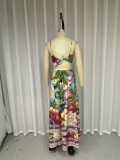 2025 Summer Flower Print Open Back Sexy Sling Maxi Dress