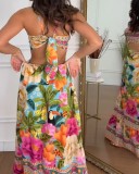 2025 Summer Flower Print Open Back Sexy Sling Maxi Dress